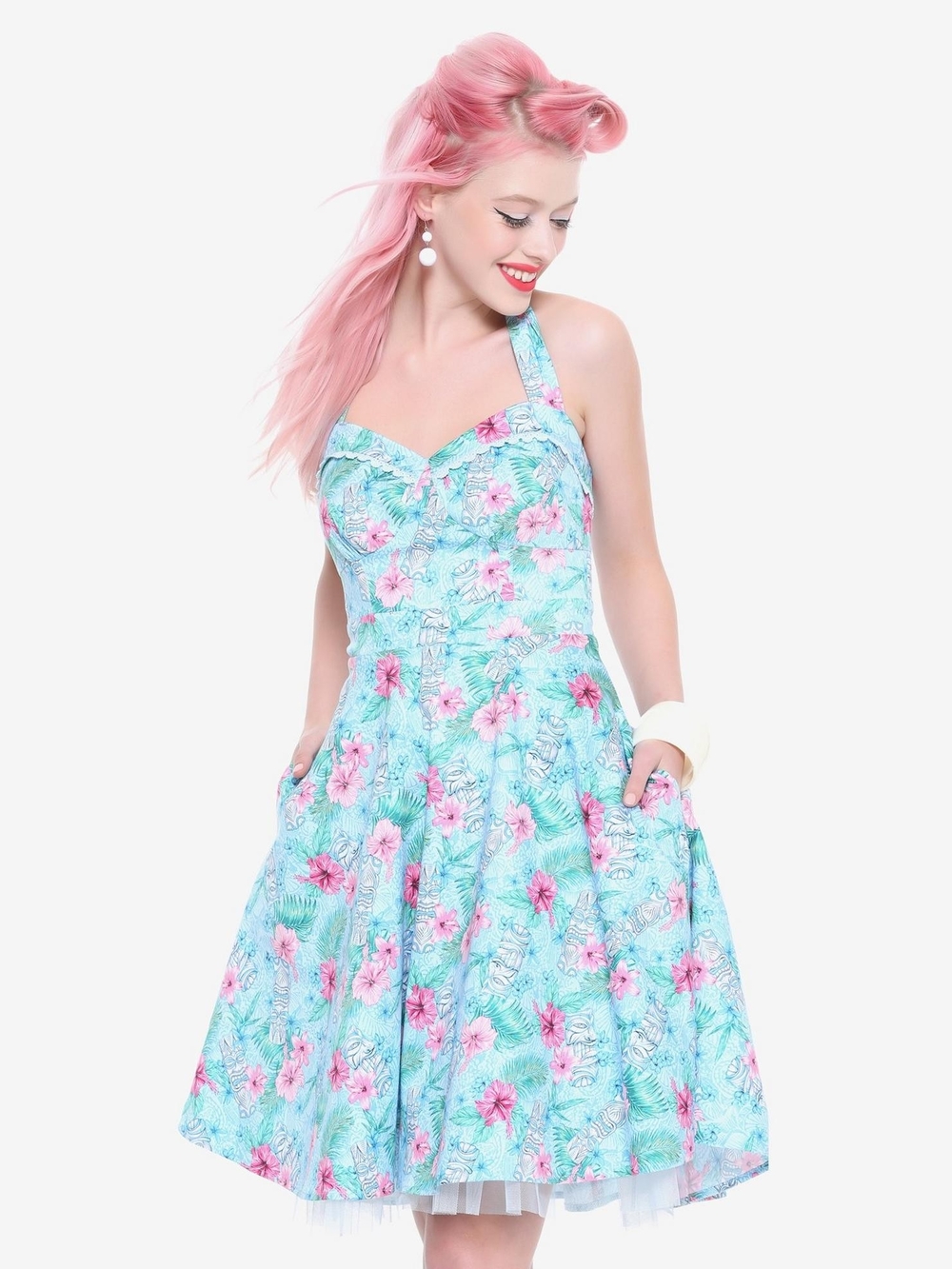 Hot Topic Tiki Print Halter Swing‎ Dress Blue Pink Floral Retro Rockabilly NWT M